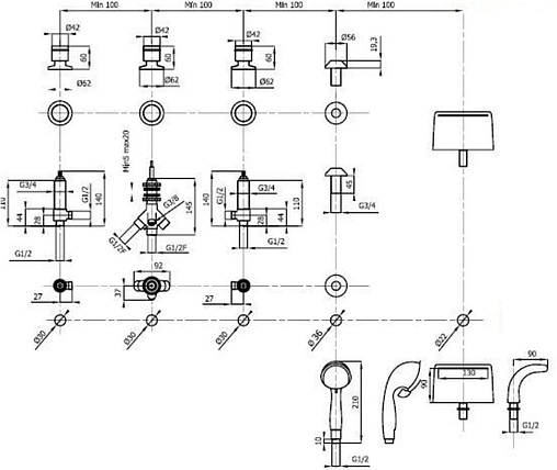 Смеситель на борт ванны на 5 отверстий Vega Onda хром 91А0505025