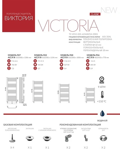 Полотенцесушитель водяной лесенка Terminus Виктория П22 500х1196 полированная сталь 4620768886652