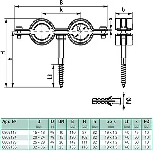 Хомут сантехнический обрезиненный сдвоенный 1&quot; (32-36мм) Walraven BIS Cobra 0802136, 2