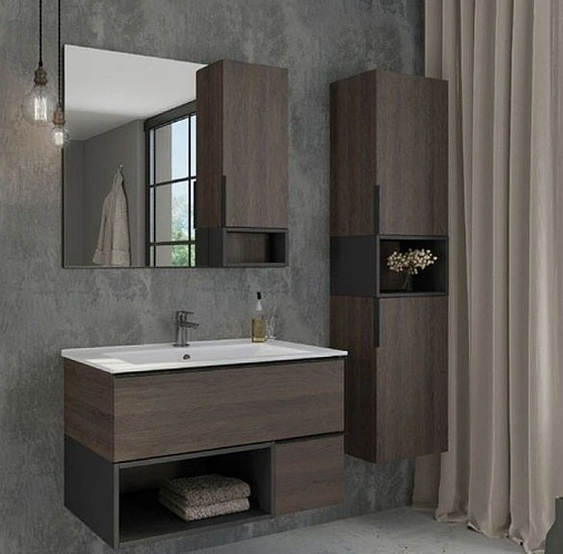 Шкаф-зеркало Comforty Штутгарт 90 R дуб тёмно-коричневый/чёрный 00004151038CF