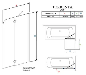 Шторка на ванну 1200мм прозрачное стекло Radaway Torrenta PND PND 120 R 201203-101NR, 2