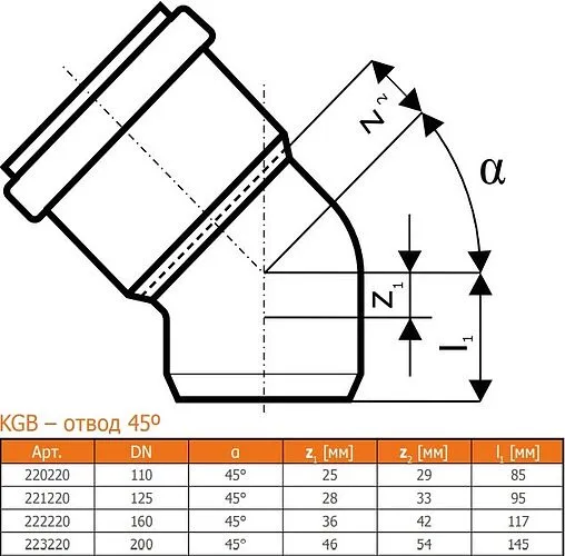 Отвод наружный D=200мм Угол 45° Ostendorf KGB 223220