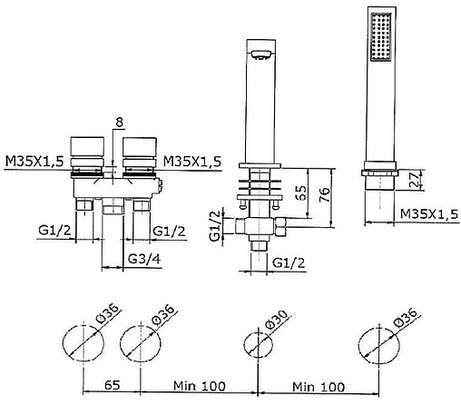 Смеситель на борт ванны на 4 отверстия Vega Qvadro хром 91А0305025