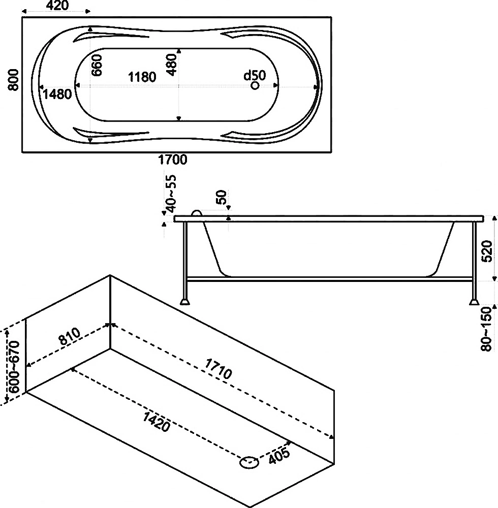 Ванна акриловая Bas Аxин 170x80 В00005