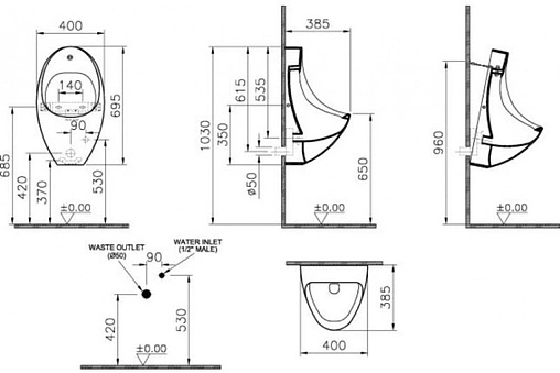 Писсуар с сенсорным смывом от батареи VitrA Arkitekt белый 4106B003-5200
