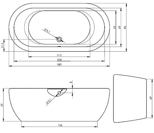 Ванна акриловая отдельностоящая Riho DUA 180x86 белый BD01XXX00000000