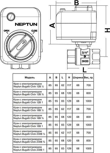 Кран шаровый с электроприводом Neptun Bugatti Click 1&quot; 230В 100037112700