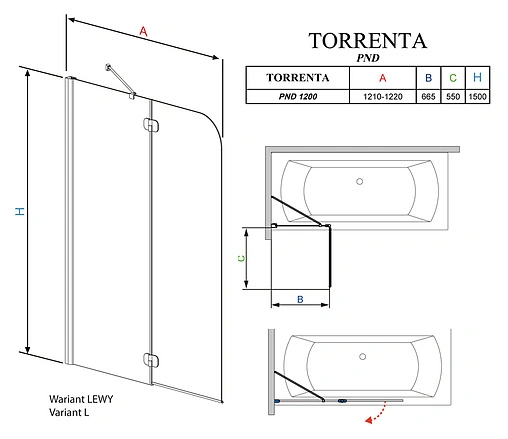 Шторка на ванну 1200мм прозрачное стекло Radaway Torrenta PND PND 120 L 201203-101NL