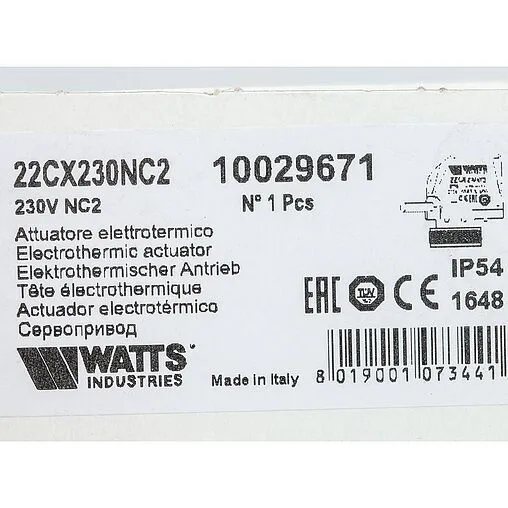 Сервопривод электротермический НЗ 230В М30 x 1.5 WATTS 22CX230NC2 10029671