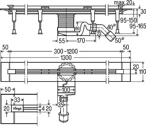 Лоток душевой Set 300-1200мм h=115мм 0.8л/сек Viega Advantix Vario 4965.21 704360