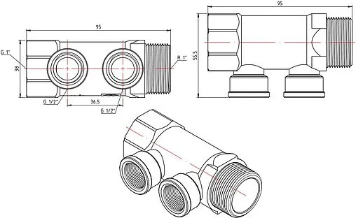 Коллектор распределительный проходной 2 отвода 1&quot;в/н x ½&quot;в Valtec VTc.550.N.0602