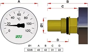 Термометр биметаллический Far 40мм 120°С гильза 36мм ⅜&quot; FA 2650, 2