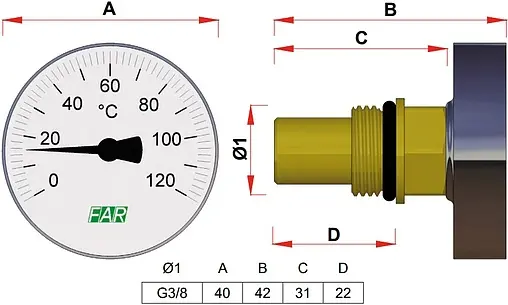 Термометр биметаллический Far 40мм 120°С гильза 36мм ⅜&quot; FA 2650