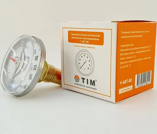 Термометр биметаллический TIM 40мм 80°С гильза 20мм ¼&quot; Y-40T-80