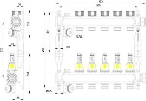 Группа коллекторная с расходомерами 5 отводов 1&quot;нг x ¾&quot;ек TECEfloor SLQ 77310005, 2