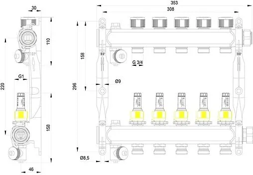 Группа коллекторная с расходомерами 5 отводов 1&quot;нг x ¾&quot;ек TECEfloor SLQ 77310005