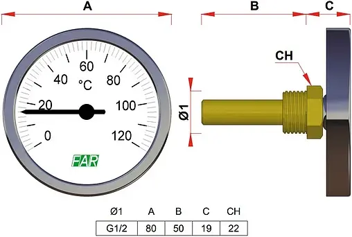 Термометр биметаллический Far 80мм 120°С гильза 50мм ½&quot; FA 2600