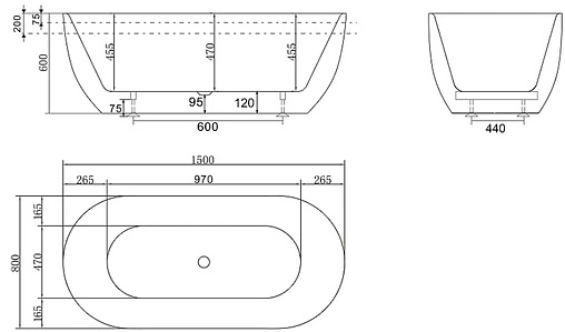 Ванна акриловая отдельностоящая BelBagno 150x80 без перелива  белый/панель черный матовый BB70-1500-800-W/NM
