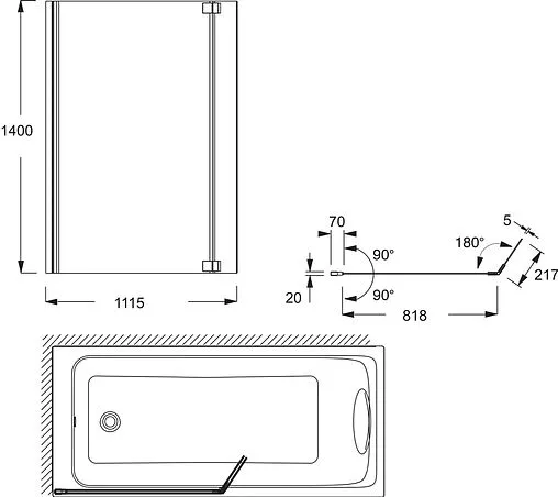 Шторка на ванну 1100мм прозрачное стекло Jacob Delafon Bain Douche NEO E4930-GA
