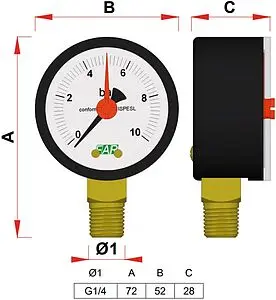 Манометр радиальный Far 50мм 10 бар ¼&quot; FA 2501 R10, 2