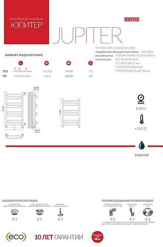 Полотенцесушитель водяной лесенка Terminus Юпитер П9 500х796 полированная сталь 4620768888854