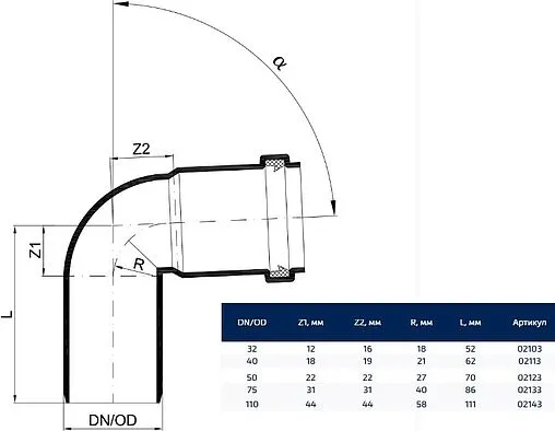 Отвод внутренний бесшумный D=75мм Угол 87° Poloplast POLO-KAL NG P2134
