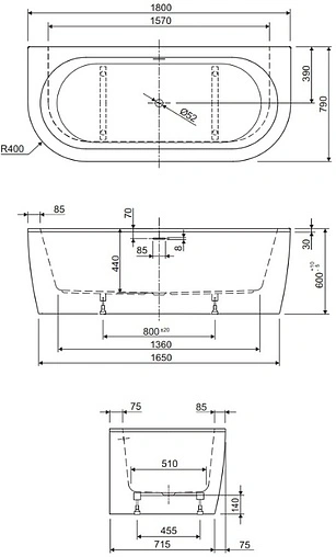 Ванна акриловая Cezares Slim Wall 180x80 белый/панель черный матовый