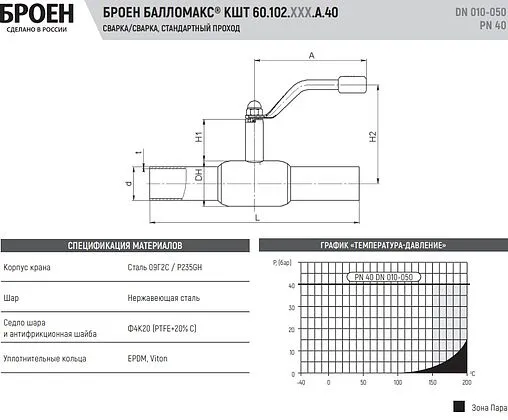 Кран шаровый под приварку Ду25 Ру40 Broen БАЛЛОМАКС КШТ 60.102.025.А.40