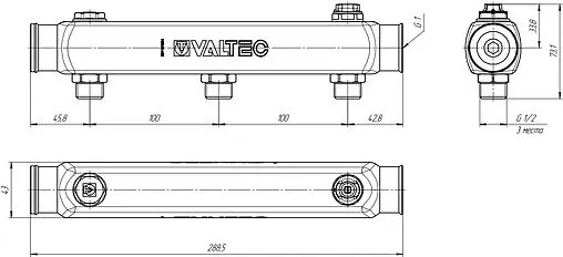 Коллектор распределительный проходной 3 отвода 1"в/в x ½"н Valtec VTc.510.SS.060403 Коллектор распределительный проходной 3 отвода 1"в/в x ½"н Valtec VTc.510.SS.060403