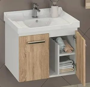 Тумба-умывальник подвесная Comforty Рига 60 дуб сонома/белый 00004142213CF, 1