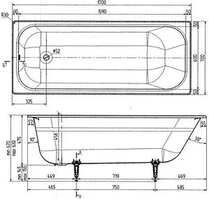 Ванна чугунная Wotte Start 1700x700UR Ванна чугунная Wotte Start 1700x700UR, 2