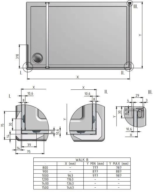 Душевое ограждение 1000x900мм прозрачное стекло Roltechnik Walk WALK B/1000/900 935-1000900-00-02, 2