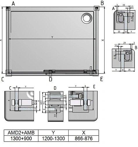 Душевое ограждение 1300x900мм прозрачное стекло Roltechnik Ambient Line AMB+AMD2+AMB/900*1300*900 621-9000000-00-02+620-1300000-00-02+621-9000000-00-02