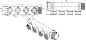 Коллектор распределительный проходной 4 отвода 1&quot;в/н x ½&quot;в Valtec VTc.550.N.0604, 2