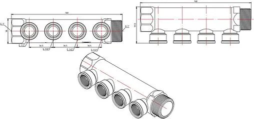 Коллектор распределительный проходной 4 отвода 1&quot;в/н x ½&quot;в Valtec VTc.550.N.0604