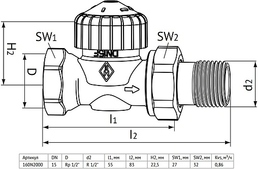 Вентиль терморегулирующий прямой ½" в/н Uni-Fitt 160N2000 Вентиль терморегулирующий прямой ½" в/н Uni-Fitt 160N2000