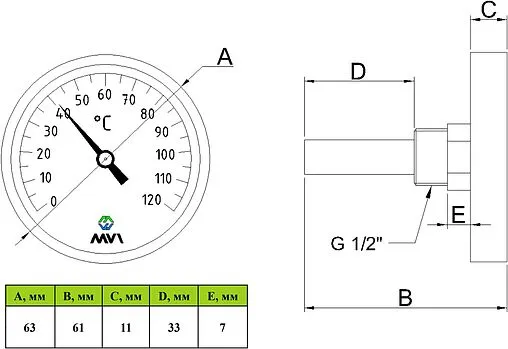 Термометр биметаллический MVI 63мм 120°С гильза 50мм ½&quot; AT.63120.04