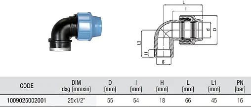 Уголок компрессионный переходной 25мм x ½&quot;в Unidelta 1009025002
