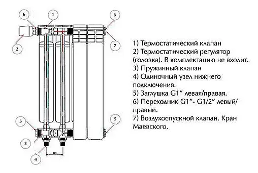 Радиатор биметаллический 12 секций нижнее левое подключение Rifar Monolit Ventil 500 белый RMVL50012