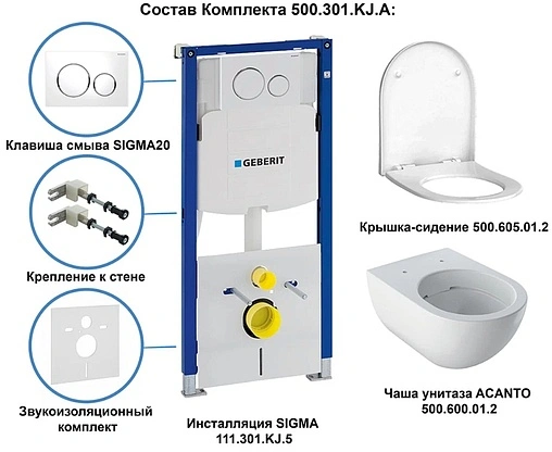 Комплект 6 в 1 Geberit Acanto 500.301.KJ.A с кнопкой Sigma 20 115.882.11.1 белый глянцевый Комплект 6 в 1 Geberit Acanto 500.301.KJ.A с кнопкой Sigma 20 115.882.11.1 белый глянцевый