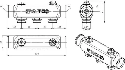 Коллектор распределительный проходной 3 отвода 1"в/в x ¾"ек Valtec VTc.505.SS.060503