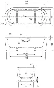 Ванна акриловая отдельностоящая Cezares Slim Central 180x80 белый/панель черный матовый Ванна акриловая отдельностоящая Cezares Slim Central 180x80 белый/панель черный матовый, 2