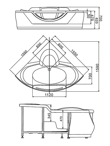 Ванна акриловая с гидромассажем Gemy 155x155 G9025 II B