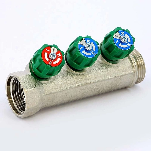 Коллектор регулирующий проходной 3 отвода 1&quot;в/н x ½&quot;к Tiemme RUBINO 1840005