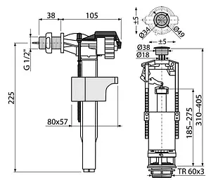 Комплект арматуры для бачка однорежимный ½" латунь боковой AlcaPlast SA2000K ½" Комплект арматуры для бачка однорежимный ½" латунь боковой AlcaPlast SA2000K ½", 2