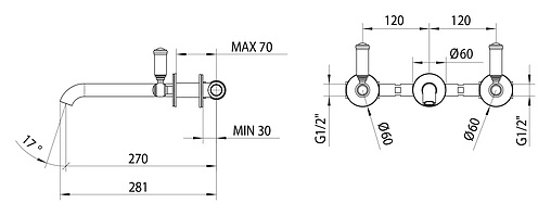 Смеситель для раковины из стены Bossini Liberty бронза Z001303.022