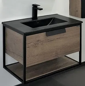 Тумба-умывальник подвесная Comforty Бонн 75 дуб тёмный/чёрный 00-00001936CF, 1