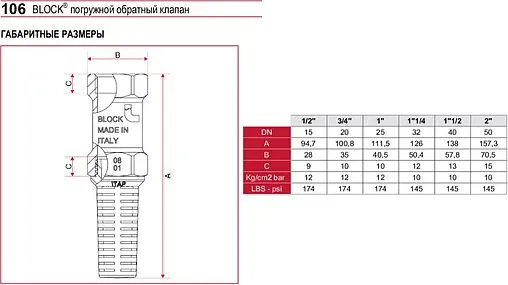 Погружной пружинный обратный клапан с фильтром ¾&quot;в Itap Block 1060034