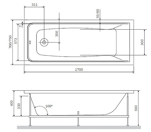 Ванна акриловая Am.Pm Gem 170x70 W90A-170-070W-A