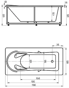 Ванна акриловая Aquatek Леда 170х80 R с фронтальной панелью, с каркасом (разборный) LED170-0000052, 2